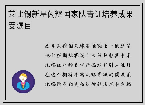 莱比锡新星闪耀国家队青训培养成果受瞩目