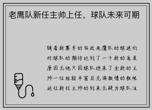 老鹰队新任主帅上任，球队未来可期